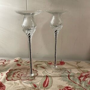 Elegant Handblown Twisted Stem Black Detail Cradling a Ribbed Candle Drip Plate